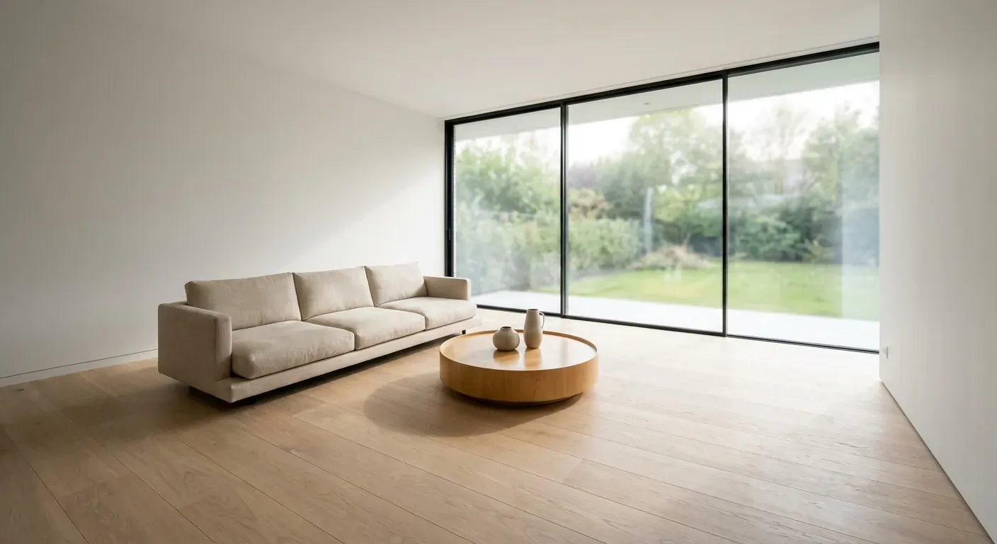 Et moderne, minimalistisk stuerom med store vinduer og parkettgulv, der fraværet av synlige radiatorer fremhever det rene designet
