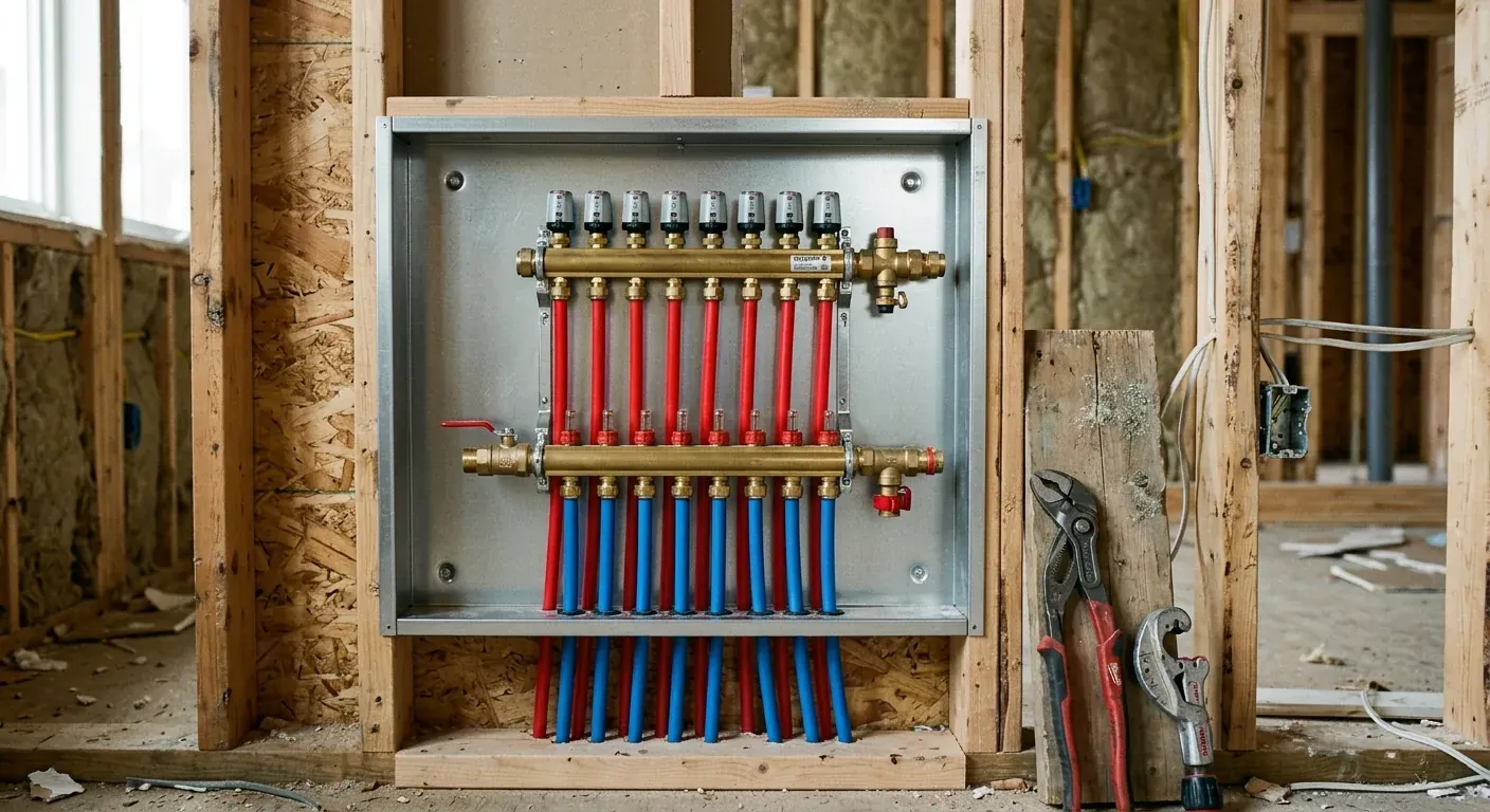 En profesjonell rørlegger som monterer et moderne, metallisk fordelerskap for vannbåren varme innfelt i en vegg, med fargede rør tilkoblet systemet.