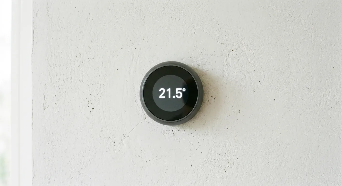 Et moderne digitalt display montert på en hvitmalt vegg, som viser en behagelig innetemperatur uten noen synlige logoer.