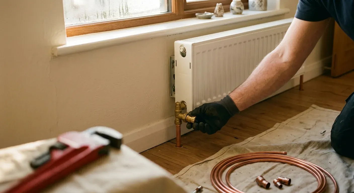 En hvit panelradiator montert på en lys vegg under et vindu, hvor en hånd holder på termostaten for å illustrere temperaturregulering