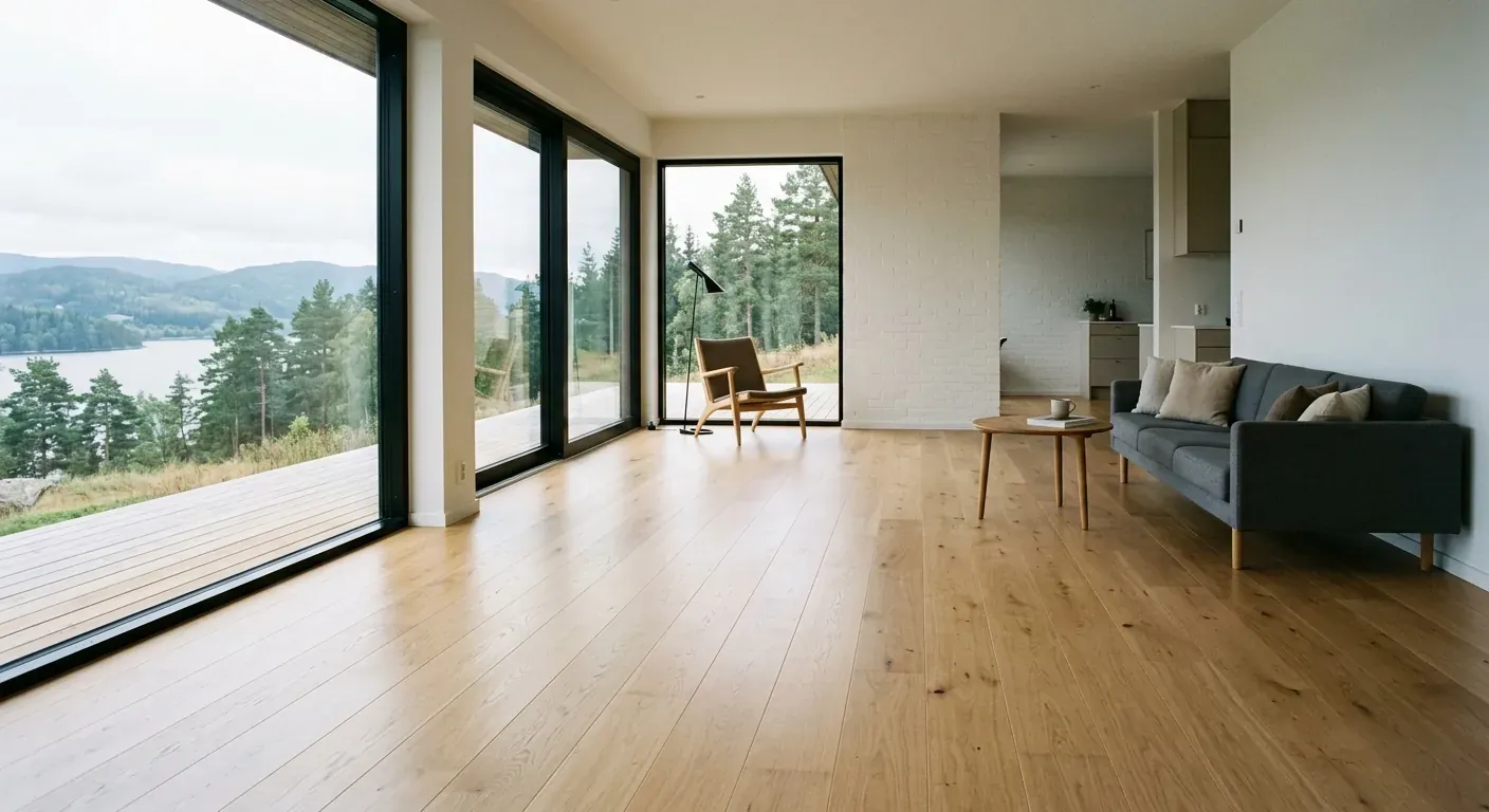 Et moderne, lyst stuerom med store vindusflater der fraværet av synlige panelovner fremhever det minimalistiske designet og den usynlige gulvvarmen