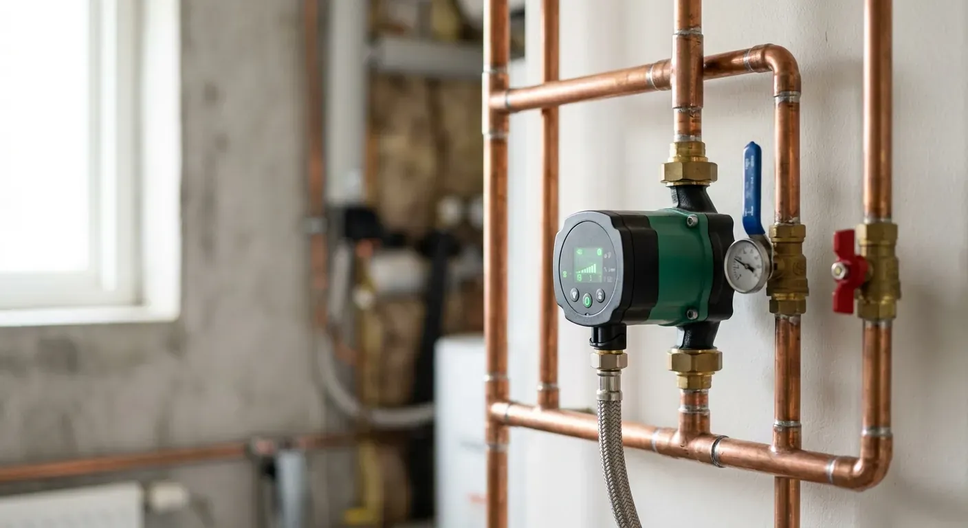 A close-up photo of a modern high-efficiency circulation pump with a digital display showing flow rate and pressure values