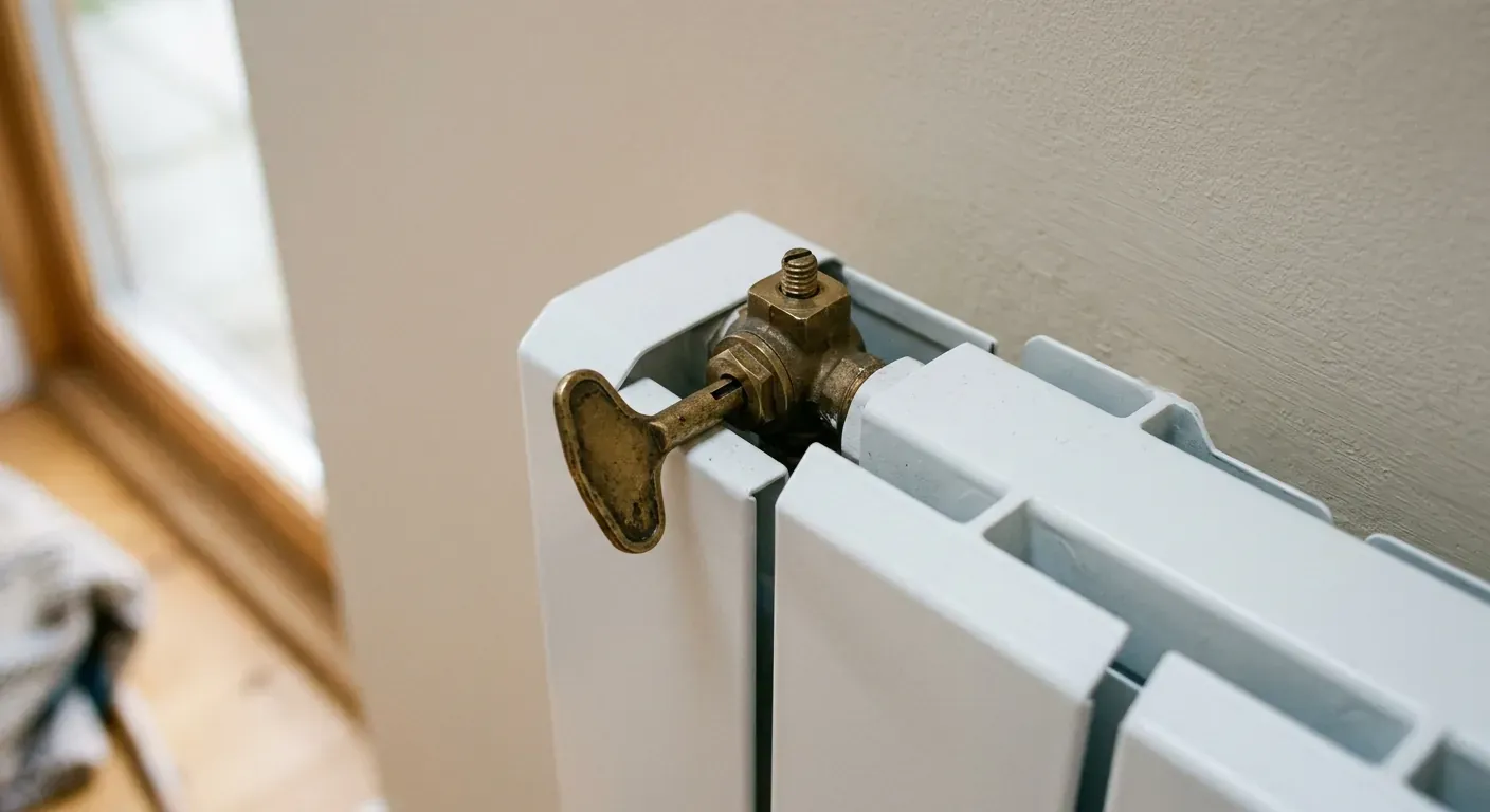 Et detaljert nærbilde av en person som forsiktig setter en radiatornøkkel i messing inn i en lufteskrue på en hvit radiator